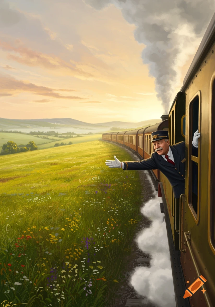 A smiling train conductor in uniform leans out of a passenger train window, waving towards a lush green countryside with rolling hills under a warm sunset sky.