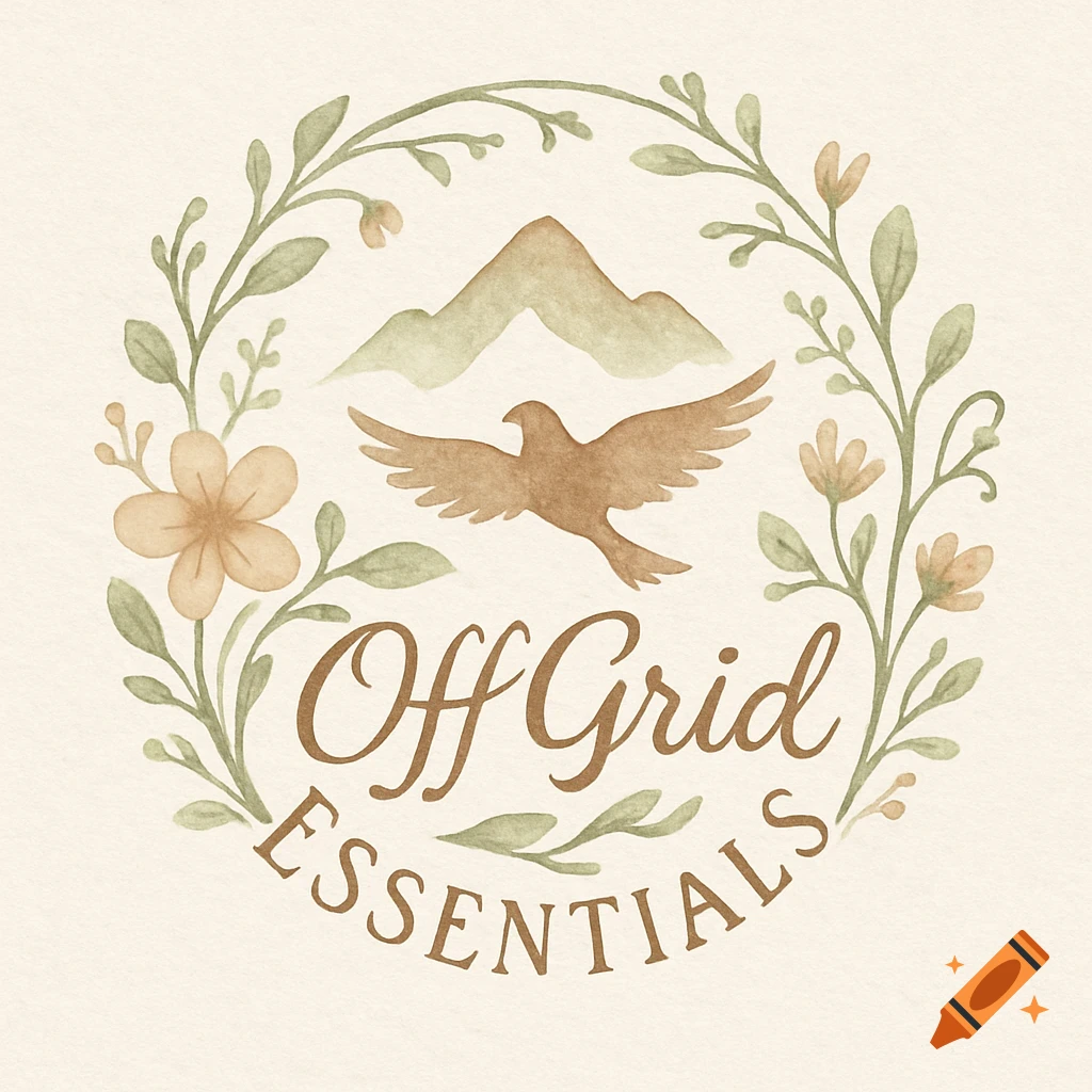 Watercolor logo featuring text 'Off Grid Essentials', a bird, and mountains encircled by a floral wreath.