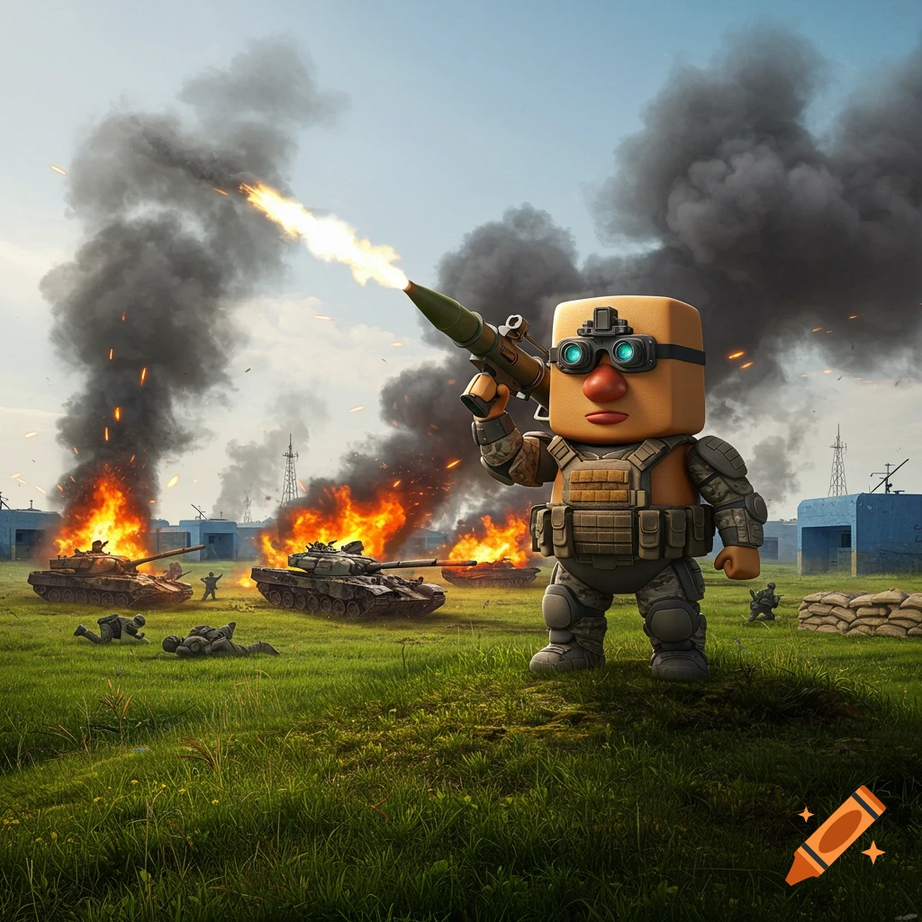 A stylized blocky soldier with night vision goggles fires a rocket launcher on a grassy battlefield with burning tanks and smoke.