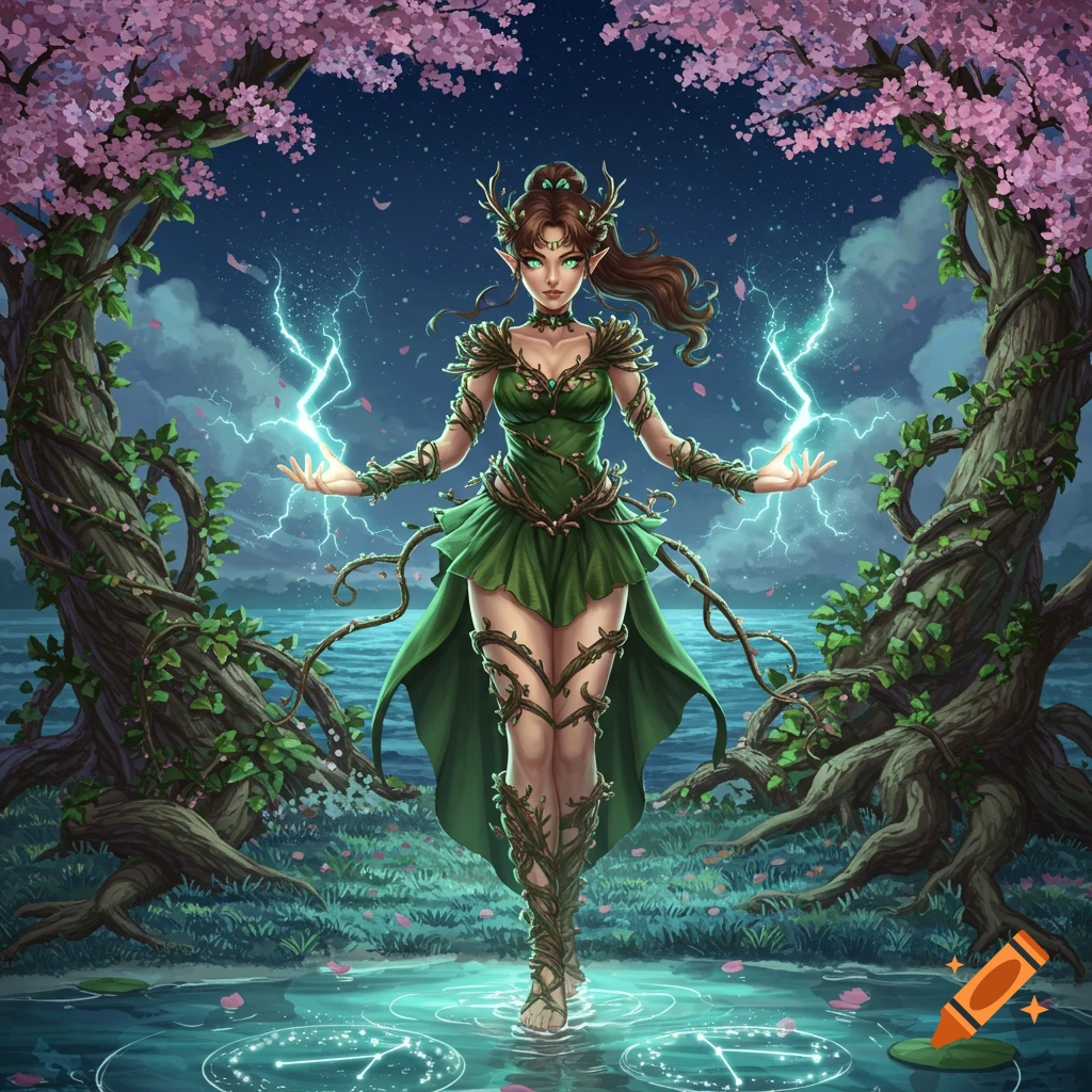 A druidic woman with green eyes and leafy attire stands in water, holding lightning bolts, surrounded by cherry blossom trees.