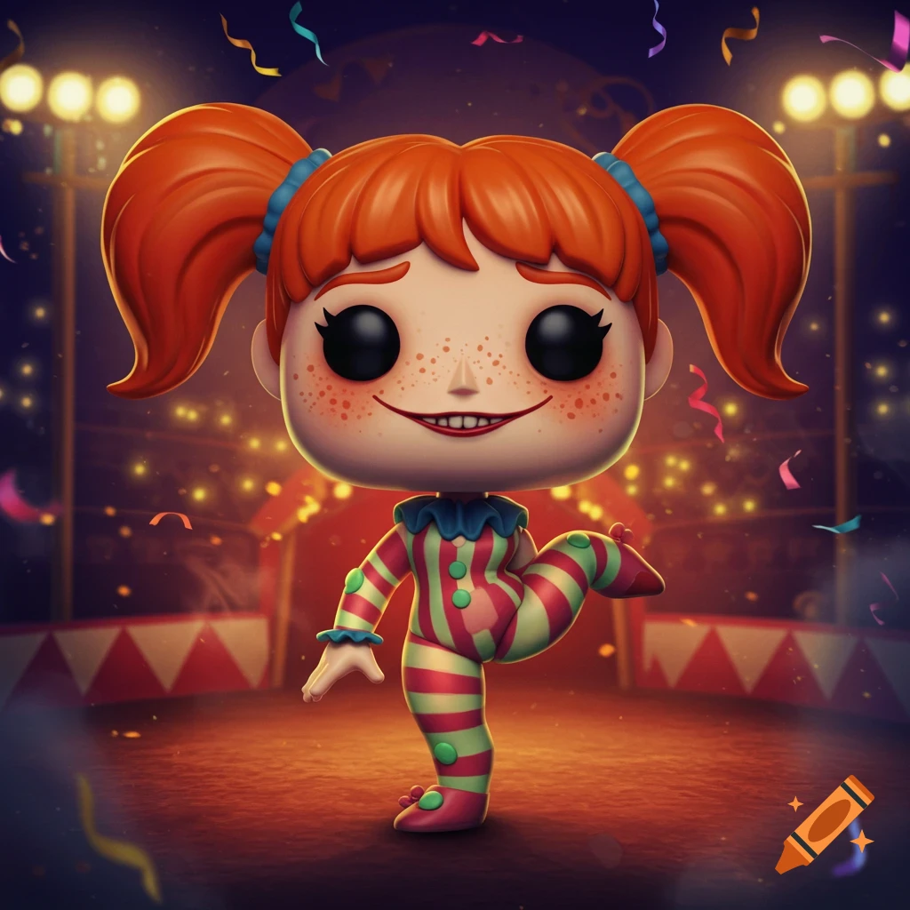 A stylized Funko Pop girl with orange pigtails and freckles in a red and green striped clown suit, striking a contortionist pose on a circus stage with falling confetti.