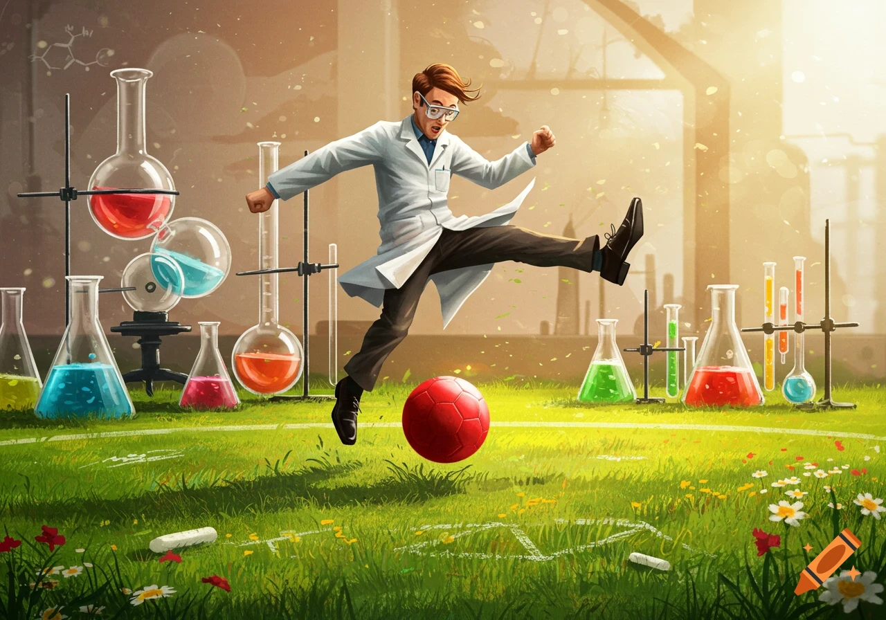 A scientist in a lab coat kicks a red soccer ball on a grassy field surrounded by colorful laboratory glassware.