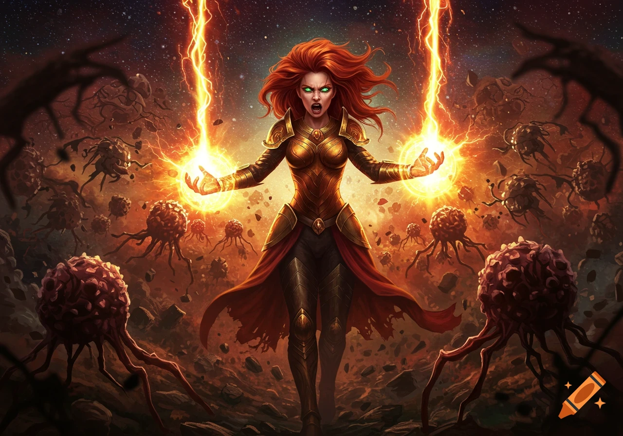 A powerful red-haired woman in golden armor unleashes orange energy at grotesque, tentacled creatures in a cosmic fantasy illustration.