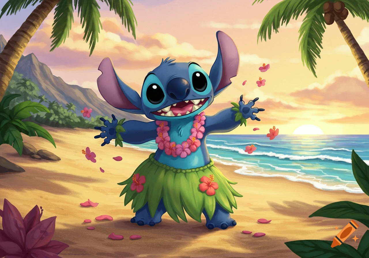 Happy Stitch in a hula skirt and lei throws flower petals on a tropical beach at sunset.