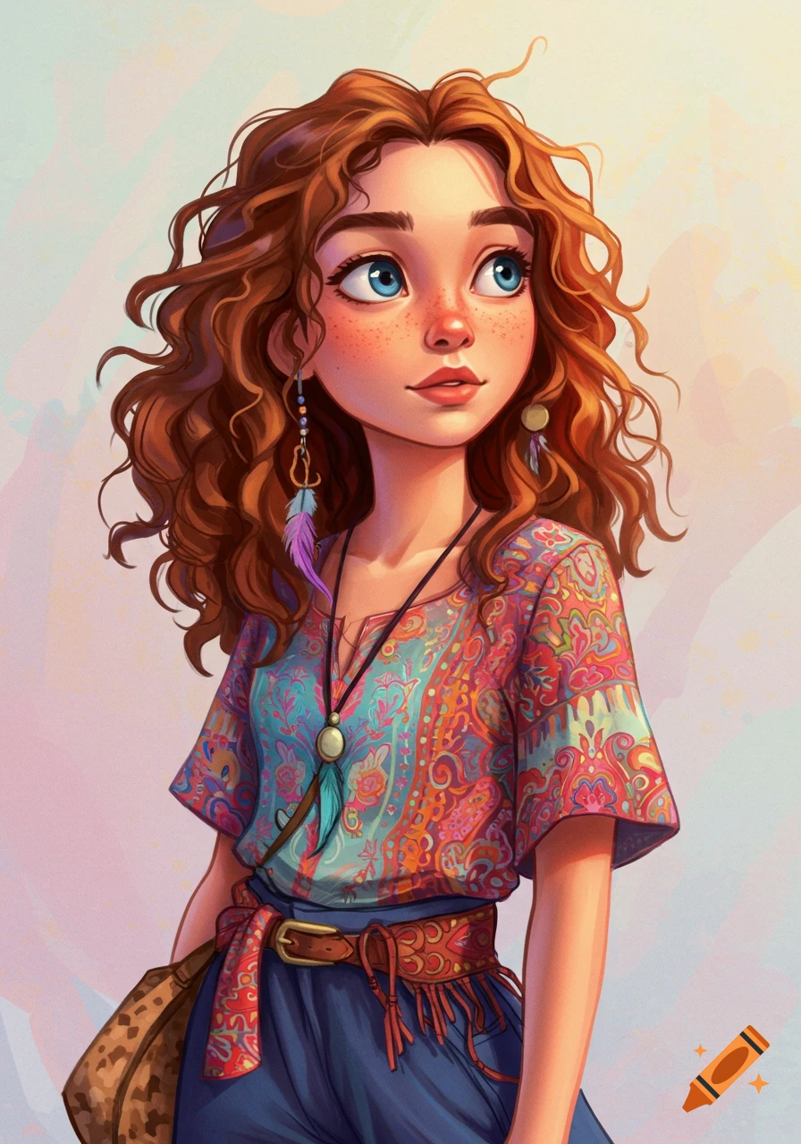 Stylized illustration of a girl with curly reddish-brown hair, blue eyes, and freckles, wearing a colorful bohemian top, looking up.