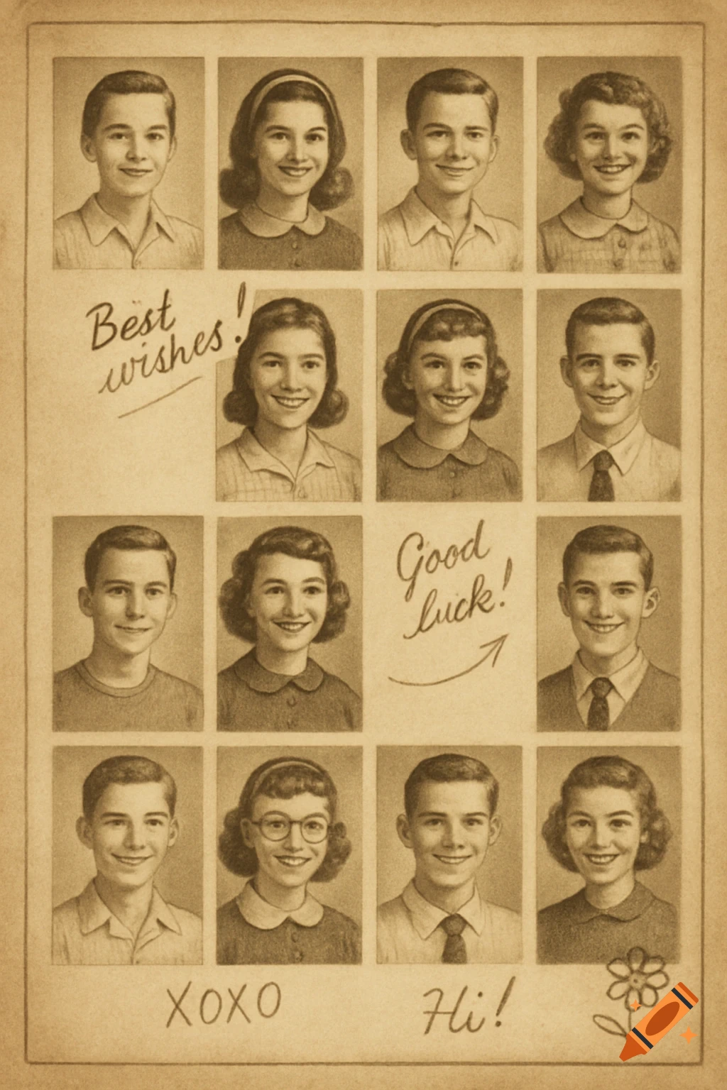 Sepia-toned vintage yearbook page featuring multiple drawn portraits of smiling students, with handwritten notes like 'Best wishes!' and 'Good luck!' and 'XOXO'.