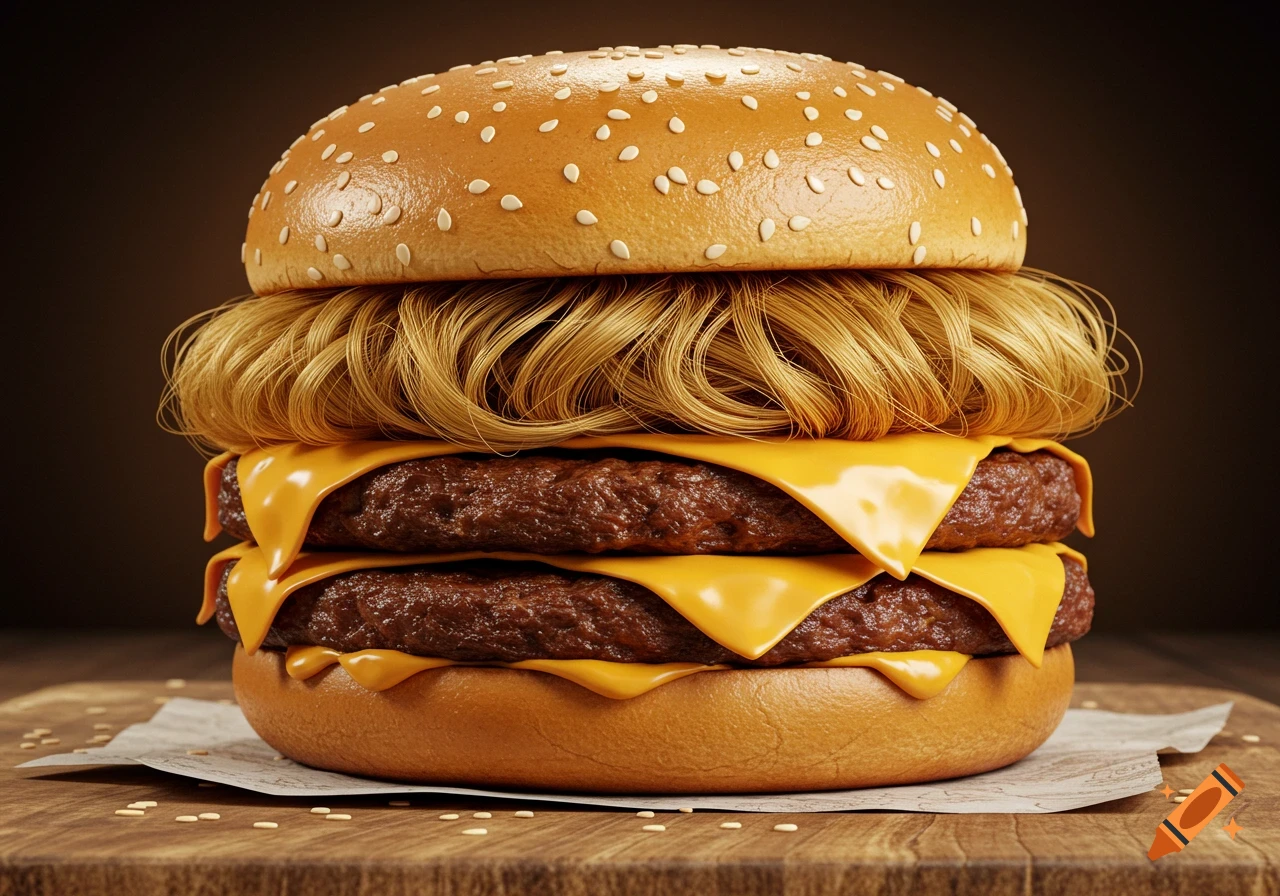 Photorealistic close-up of a double cheeseburger with blonde hair between the top bun and the first patty.