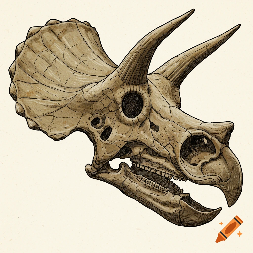 A detailed illustration of a fossilized triceratops skull in side profile, rendered with intricate line art and muted brown tones.