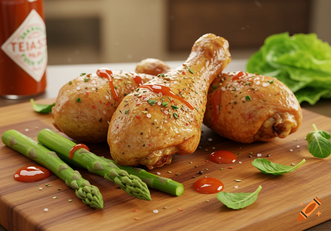Photorealistic image of three seasoned chicken legs with hot sauce and asparagus on a wooden cutting board.