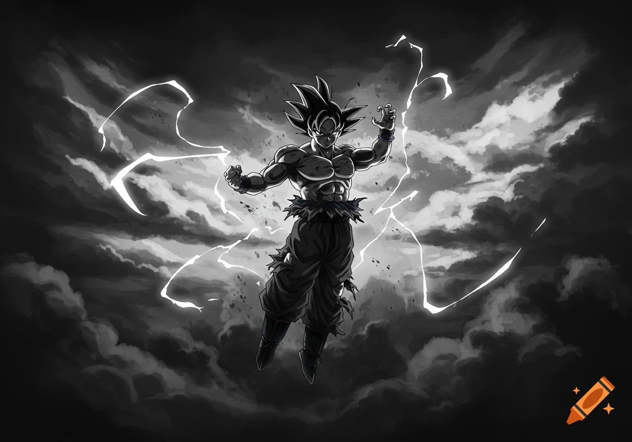Goku in Super Saiyan form, surrounded by lightning in a black and white, dynamic anime style.