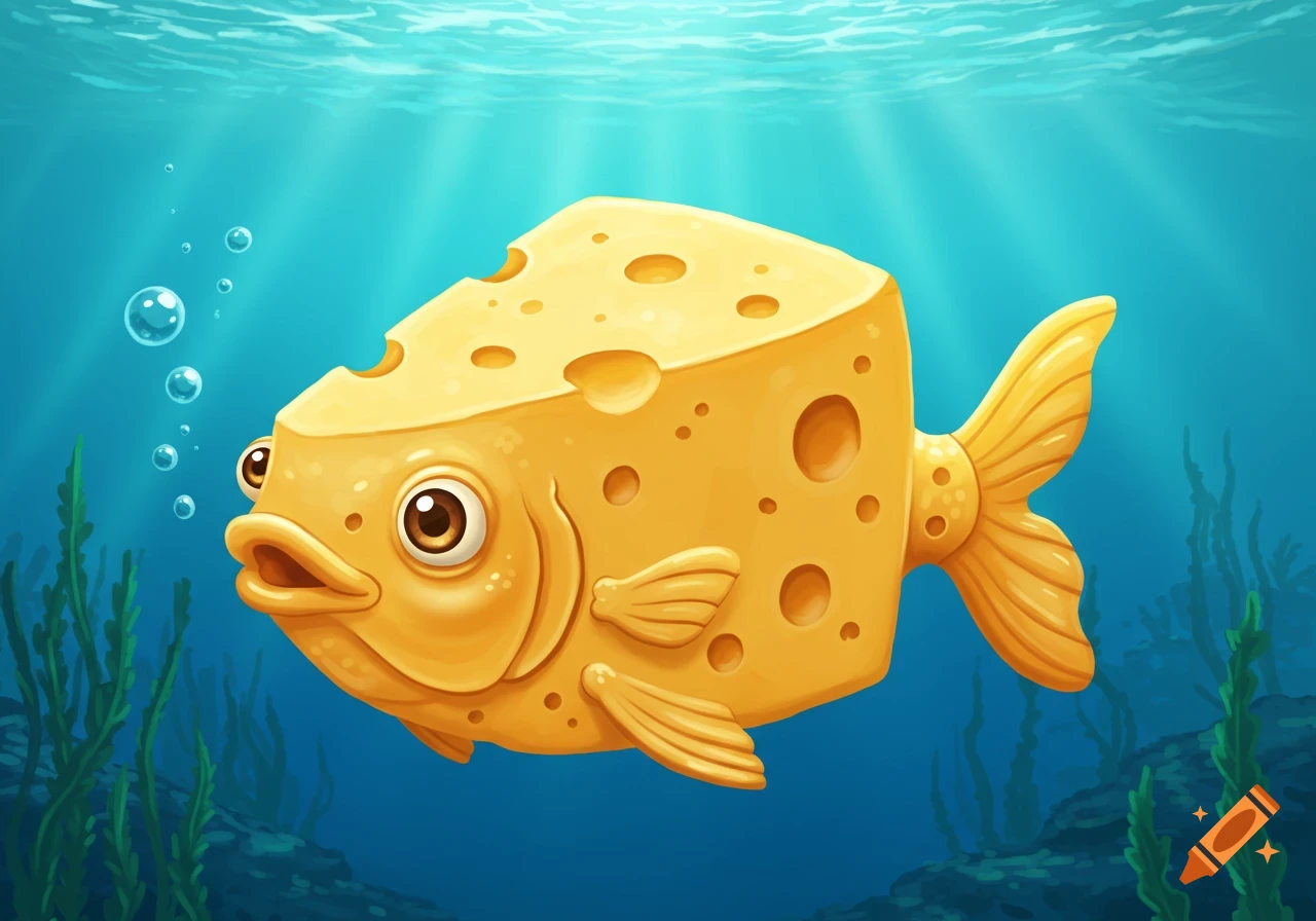 A whimsical cartoon fish with a body shaped like a wedge of Swiss cheese, swimming in a blue underwater scene with bubbles and seaweed.