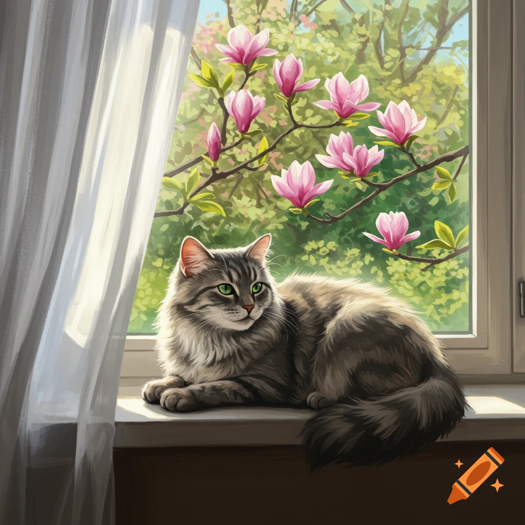 A fluffy grey tabby cat with green eyes lies on a sunlit windowsill, looking out at blooming pink magnolia flowers and green trees.
