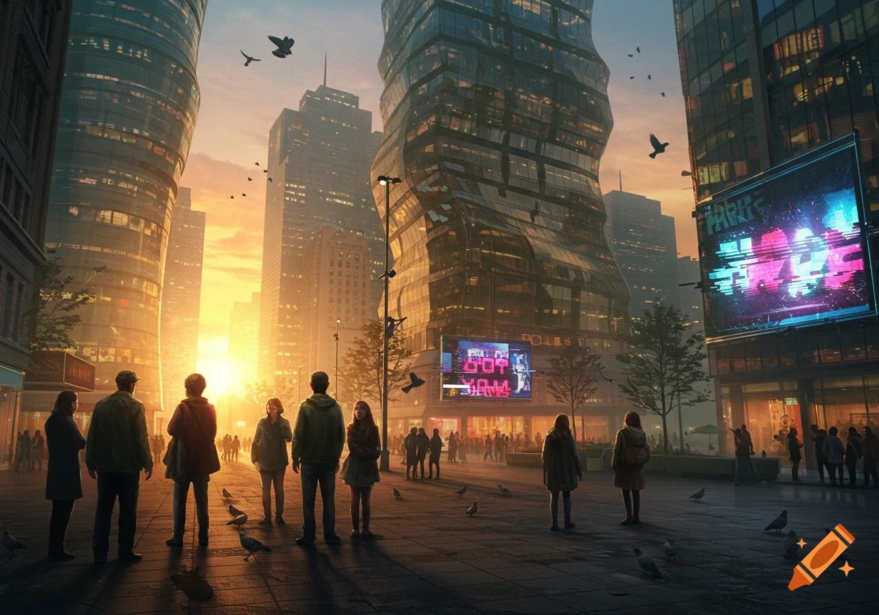 Futuristic city street at sunset with people looking at bright, stylized billboards.
