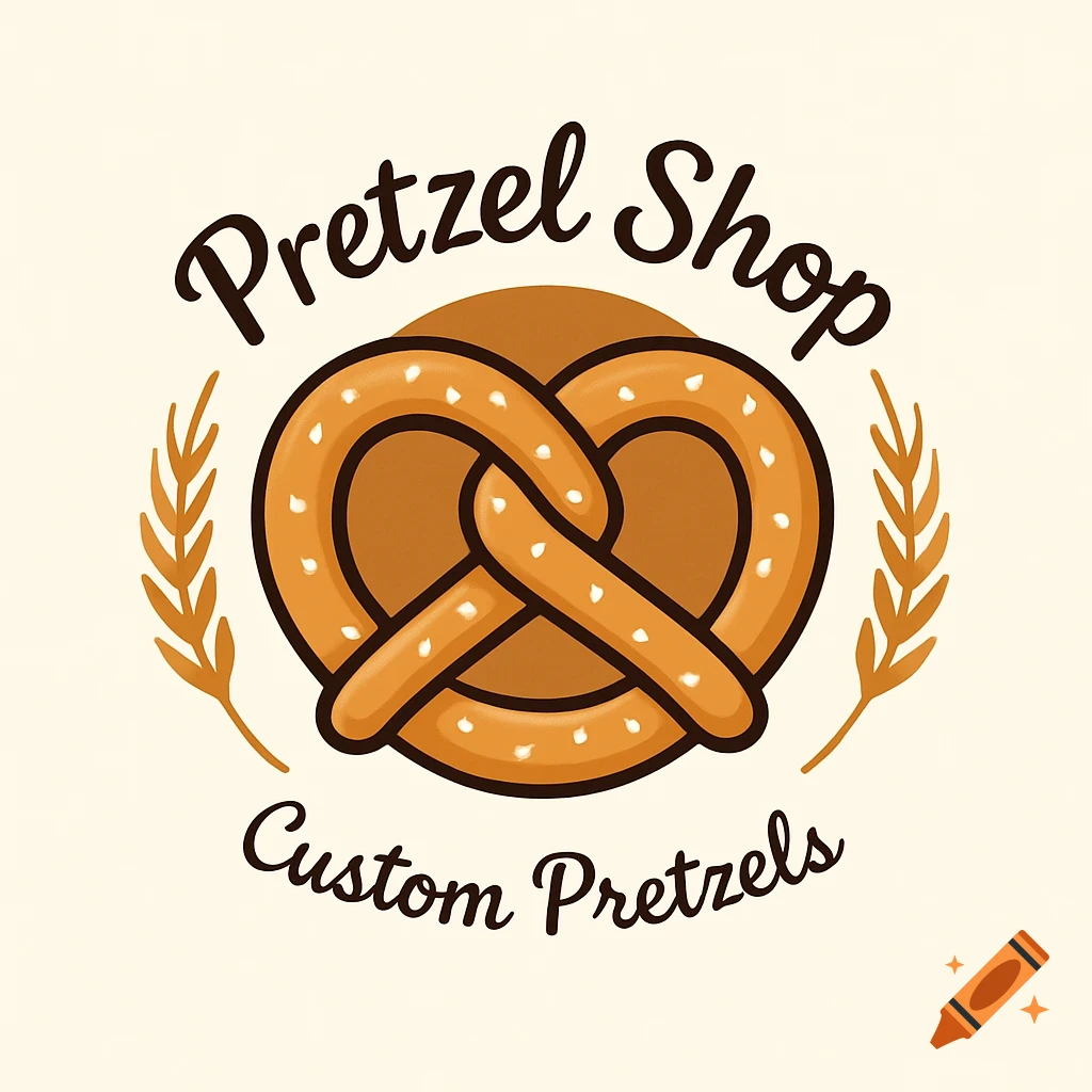 Cartoon logo for Pretzel Shop Custom Pretzels featuring a large pretzel, wheat stalks, and text.