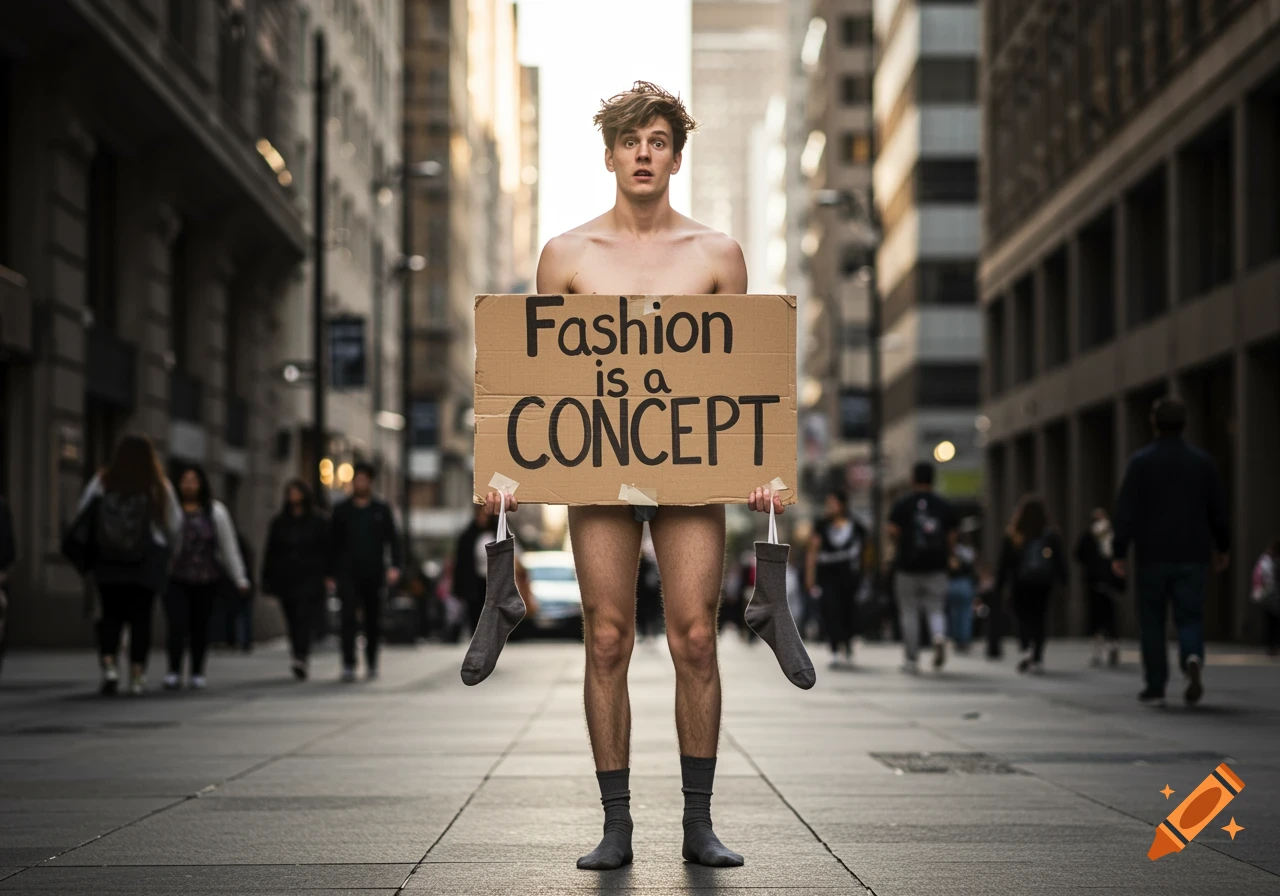 A shirtless man stands in a city street holding a cardboard sign that reads 'Fashion is a CONCEPT'. He wears socks, with two more socks dangling from the sign.