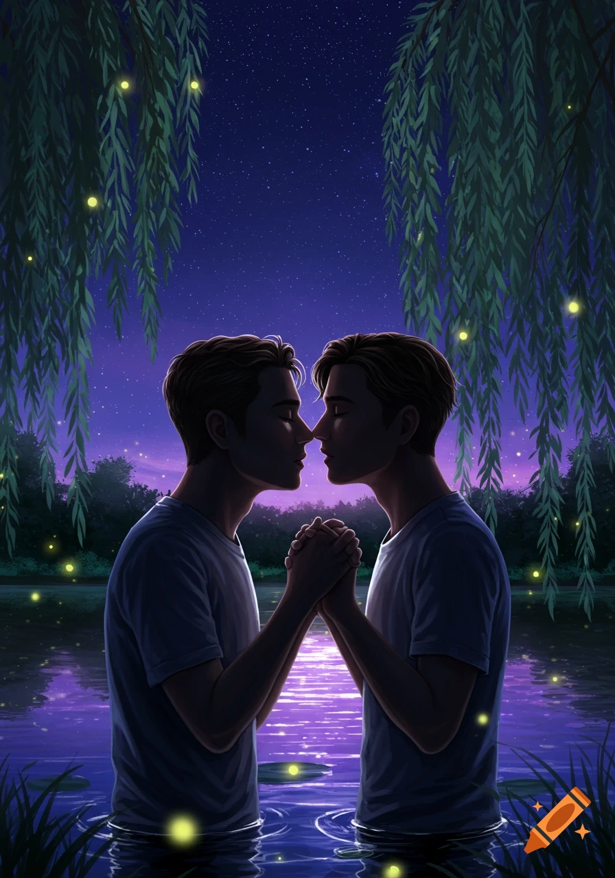Two men, mostly silhouetted, stand in water under a starry night sky with willow trees and fireflies, holding hands and leaning in for a kiss in a digital art style.