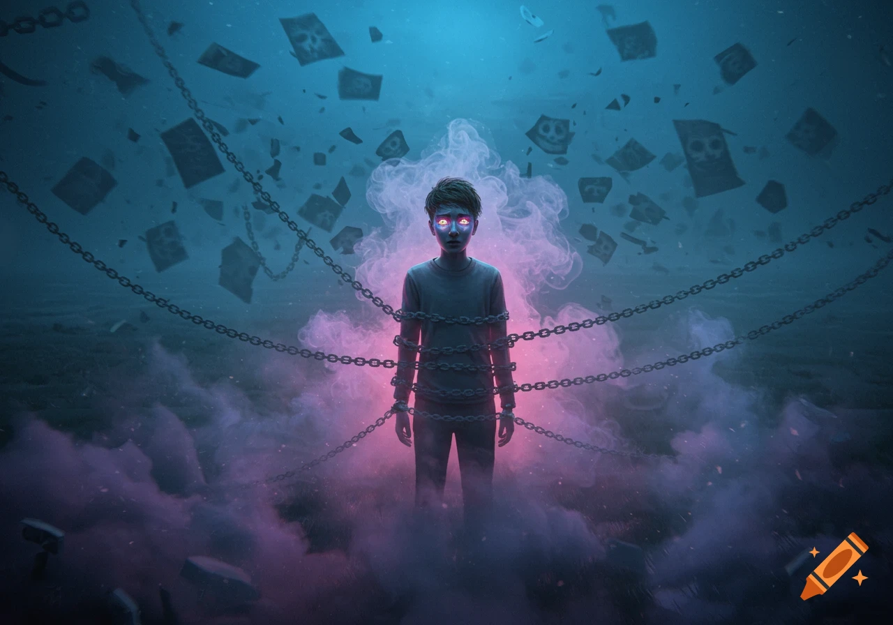 A boy with glowing eyes wrapped in chains stands in a mystical purple mist as dark papers float around him in a surreal scene.