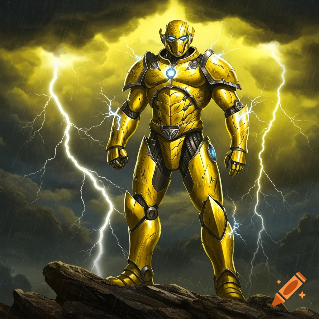 A powerful golden armored warrior stands on a rock, surrounded by yellow lightning and rain under a stormy sky.