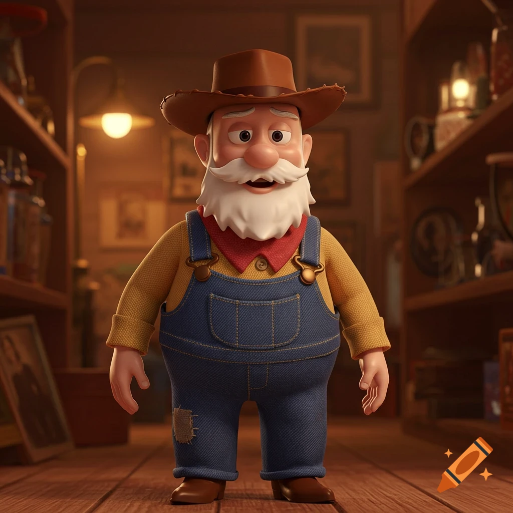 A 3D animated character resembling Stinky Pete from Toy Story 2, wearing a cowboy hat and denim overalls, stands in a wooden room with shelves.