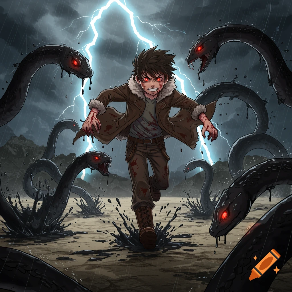 Anime style boy with red eyes and bloody clothes, runs from black liquid serpents with red eyes amidst a stormy, lightning-filled landscape.