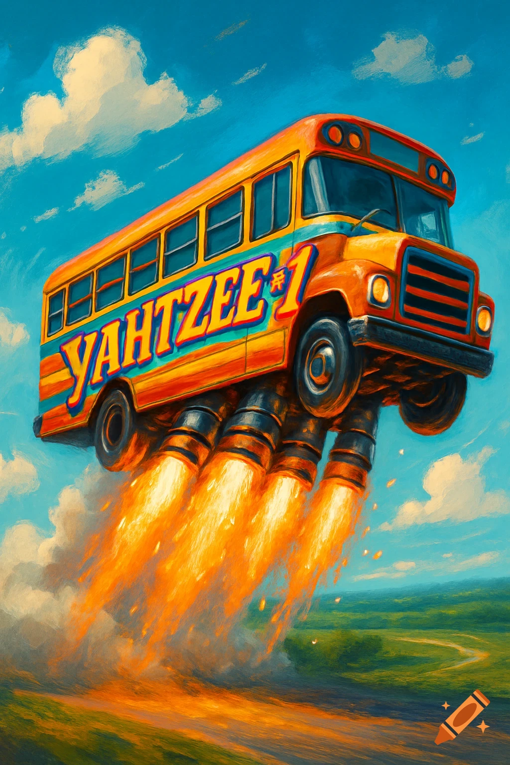 A vibrant orange and yellow school bus with 'YAHTZEE-1' written on its side flies through a blue sky, propelled by four large rockets emitting fiery exhaust.