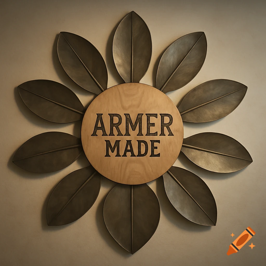 A circular wall art piece with dark leaf-shaped metal blades surrounding a wooden center engraved with 'ARMER MADE'.
