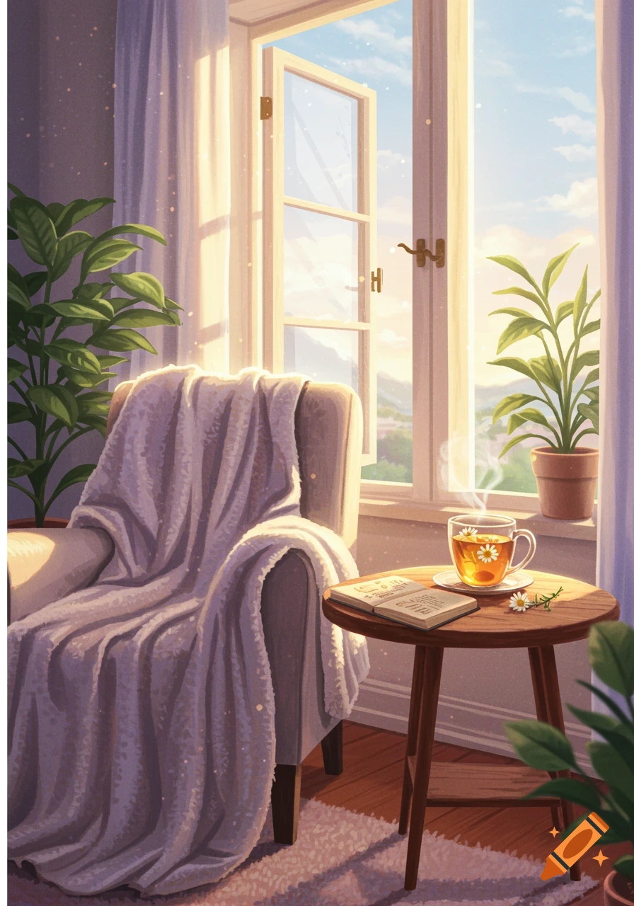 A cozy room bathed in morning sunlight, featuring an open window, a blanketed chair, a tea cup, a book, and plants.