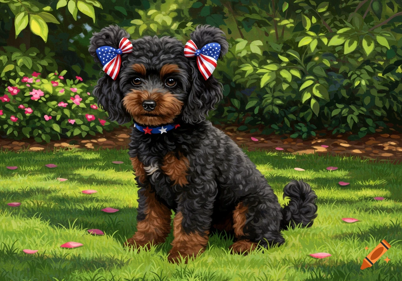 An illustrated black and brown toy poodle sitting on green grass, wearing Americana bows and a blue collar with stars.