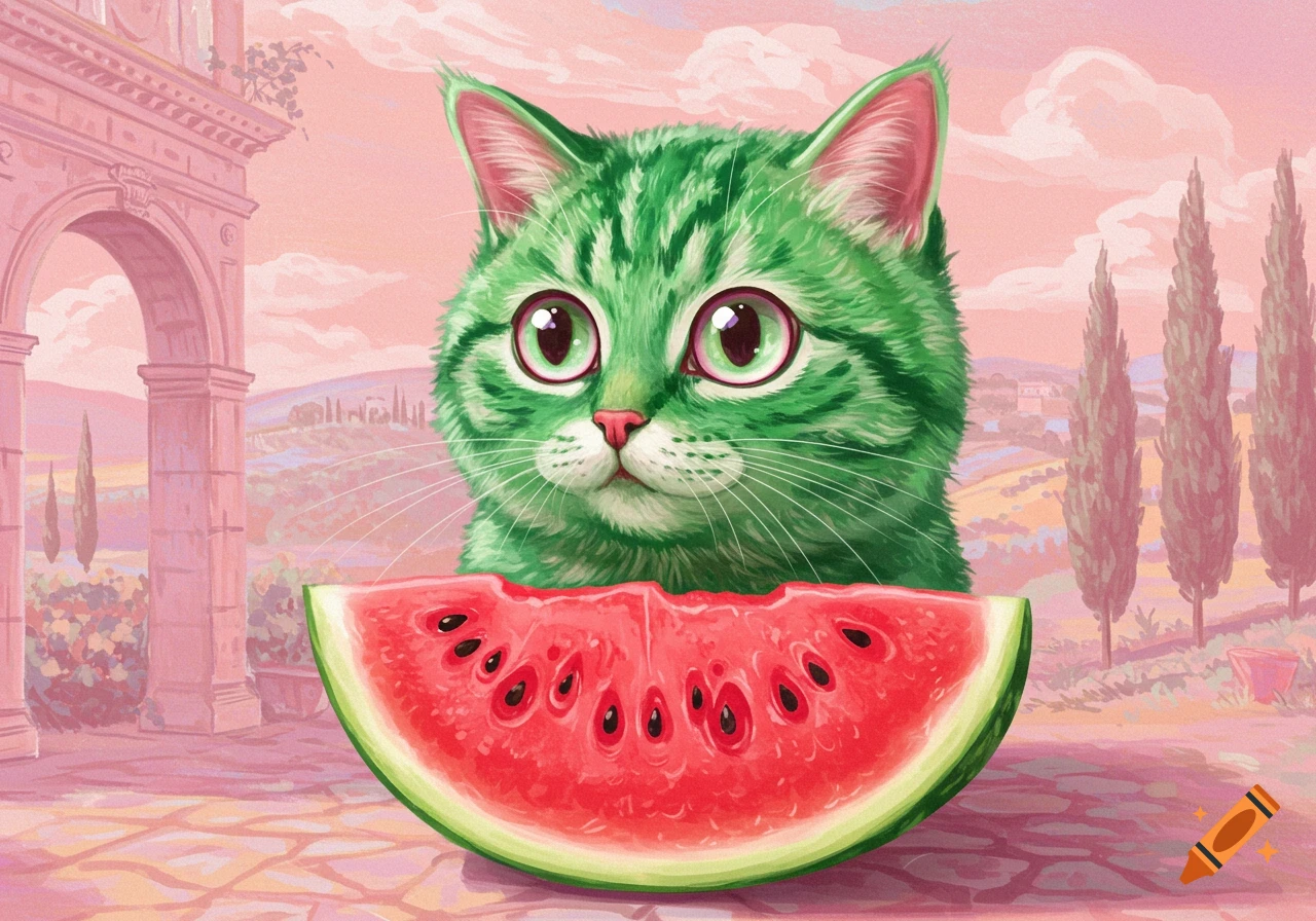 A green cat with large eyes sits behind a watermelon slice, in a pink-hued Italian landscape with arches.