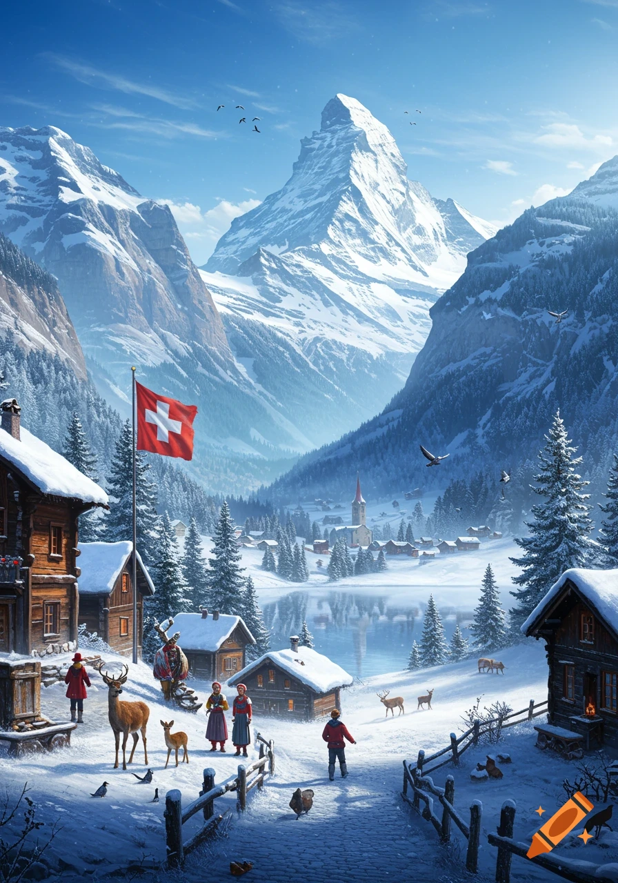 A vibrant digital painting of a snowy Swiss Alps village with chalets, people, and deer, beneath majestic mountains and a clear blue sky. A Swiss flag flies proudly.