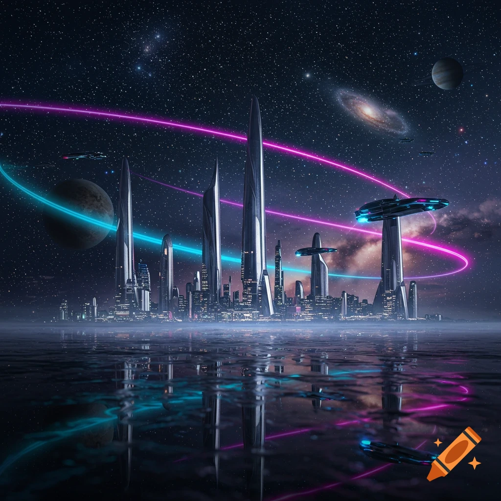 A futuristic cityscape with chrome buildings, neon light trails, and flying vehicles over a reflective surface under a starry sky with planets and a galaxy.
