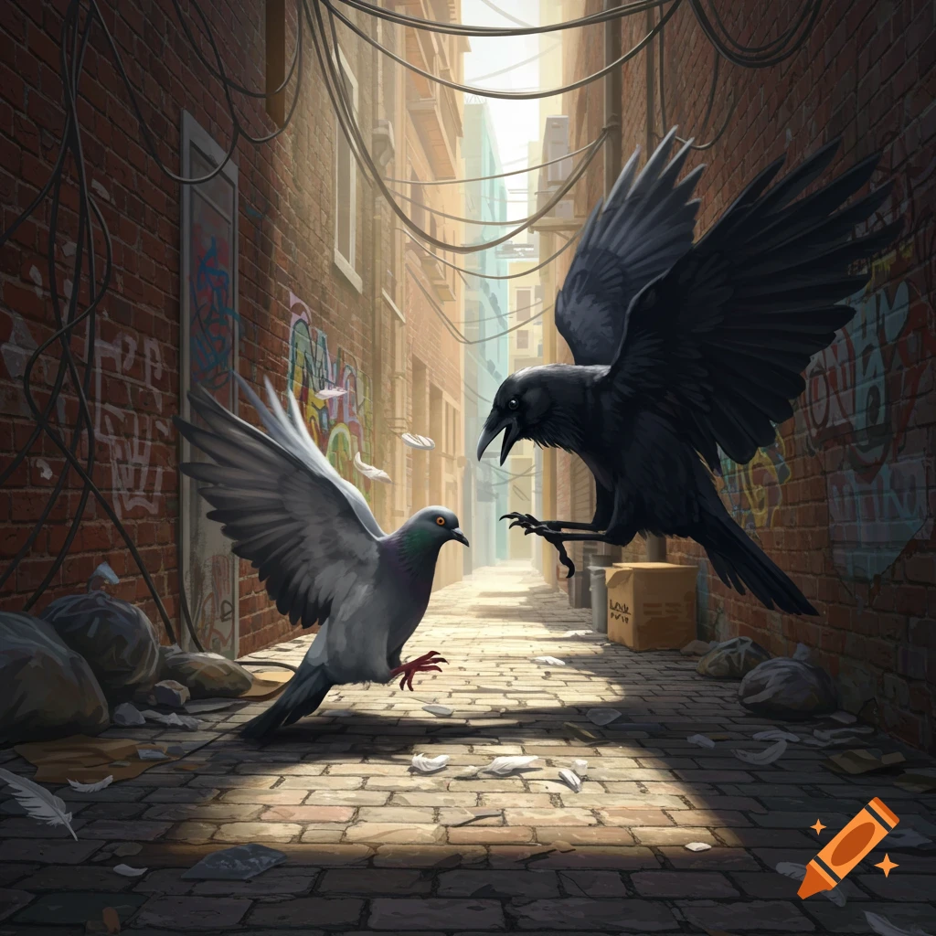 A crow looms over a pigeon in a sunlit, gritty urban alleyway with brick walls and scattered trash.