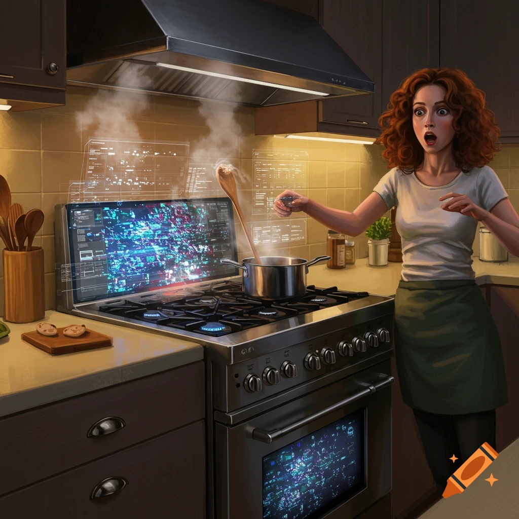 A woman with red hair reacts in surprise as her modern kitchen stove, featuring a large screen showing chaotic digital data, malfunctions and emits smoke.