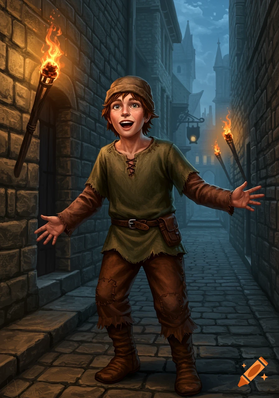 An excited young boy in medieval attire stands in a dark cobblestone alley, arms outstretched, with lit torches on the brick walls.