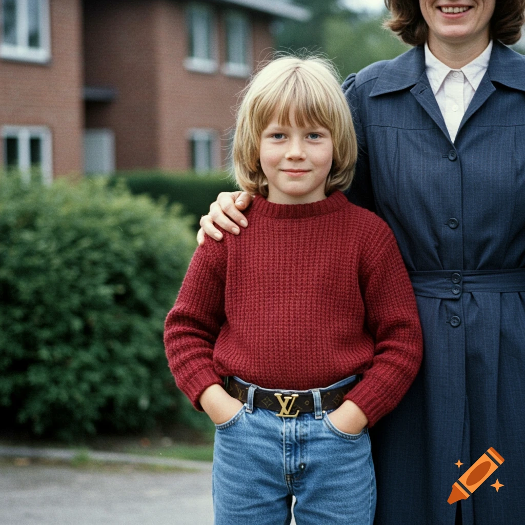 1980s photo of a young boy in a red sweater, jeans, and an LV belt standing next to his mother outside a brick building.