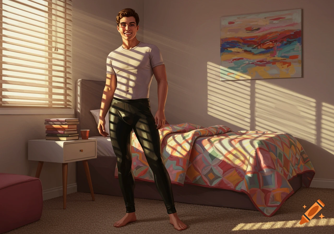 A smiling young man in a t-shirt and black pants stands barefoot in a sunlit bedroom with a bed and nightstand. Digital art.