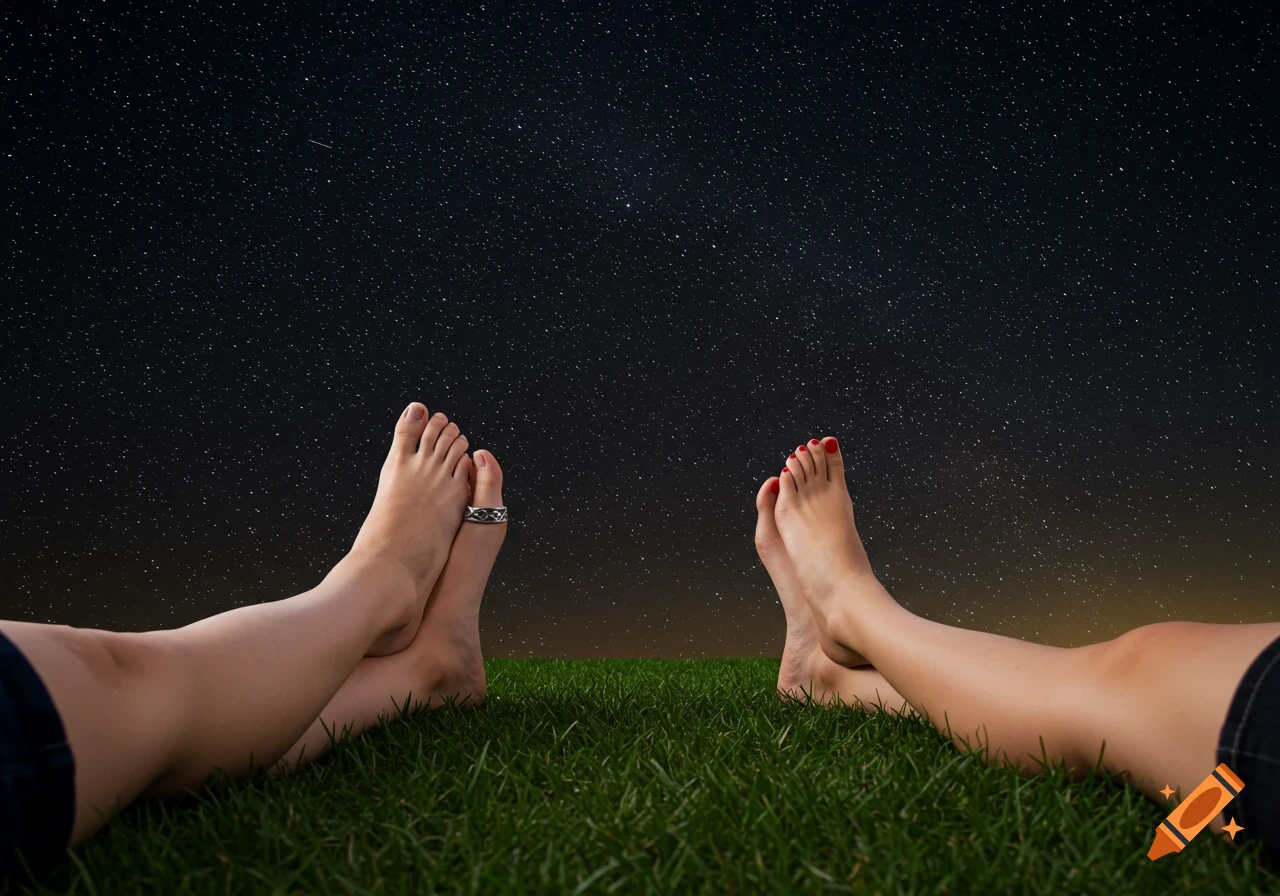 Two pairs of bare feet resting on green grass, looking up at a vast, star-filled night sky. One foot has a toe ring, the other has red nail polish.