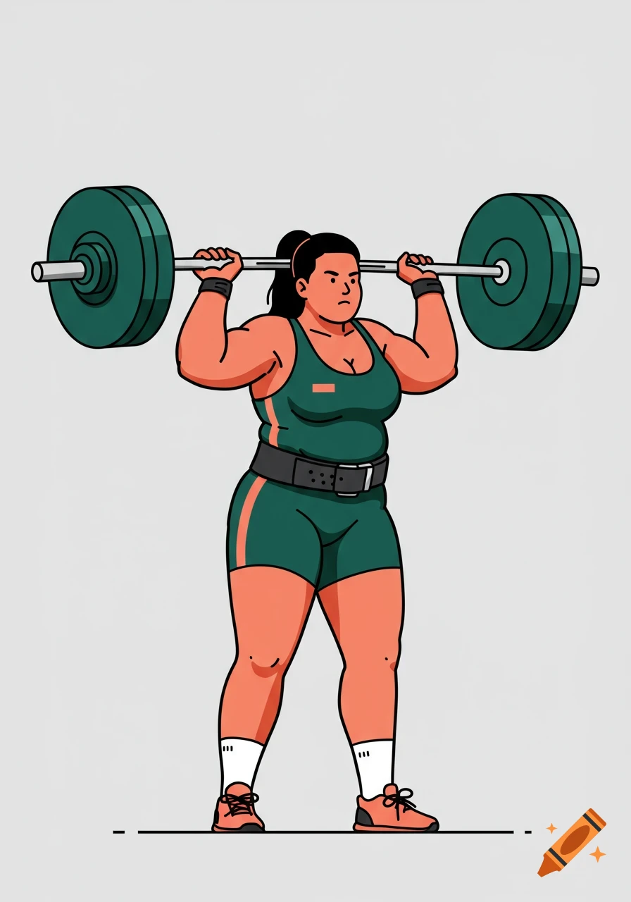 Illustration of a female powerlifter in a green singlet, lifting a heavy barbell over her head.