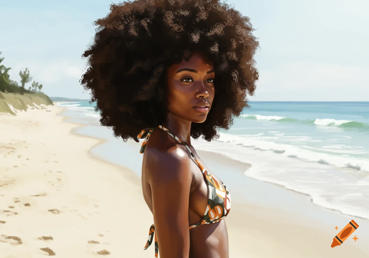 A digital painting of a Black woman with a large afro in a patterned bikini, standing on a sunny beach.