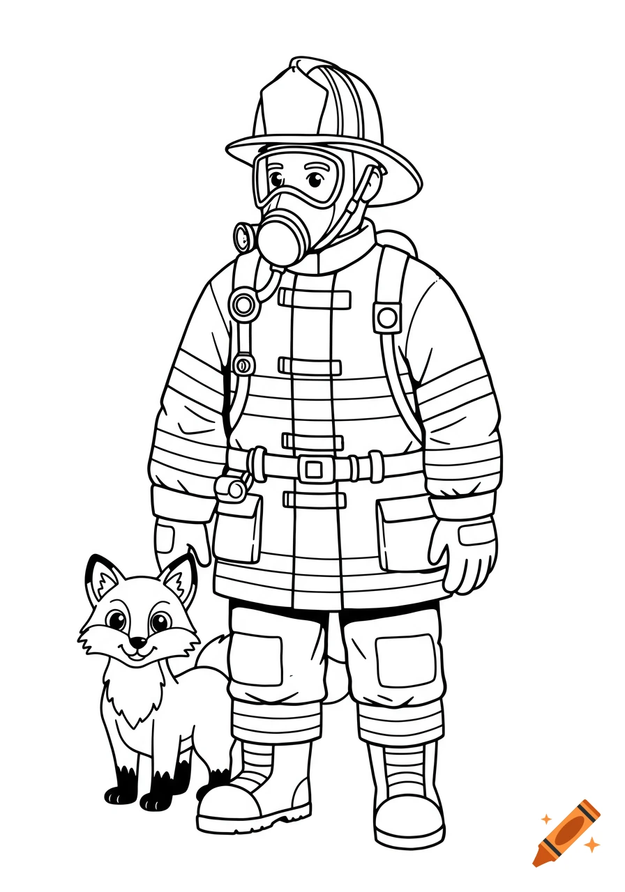Black-and-white line art of a firefighter in full gear standing next to a smiling cartoon fox in a children's coloring book style.
