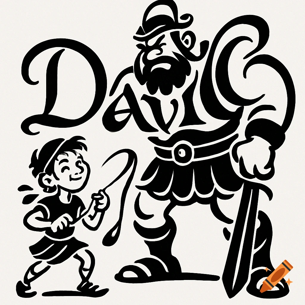Black and white stylized illustration of David and Goliath, where Goliath's body is formed by the word 'DAVID'.
