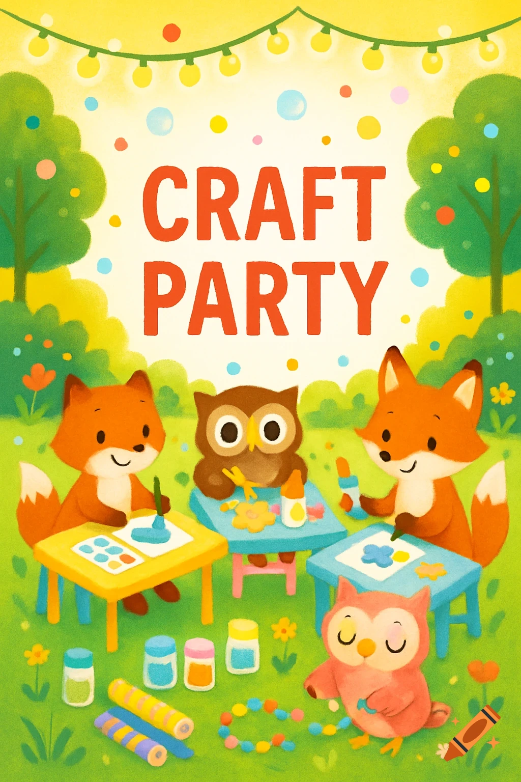 A bright, cheerful children's illustration of cartoon foxes and owls crafting outdoors at tables, with 'CRAFT PARTY' text.