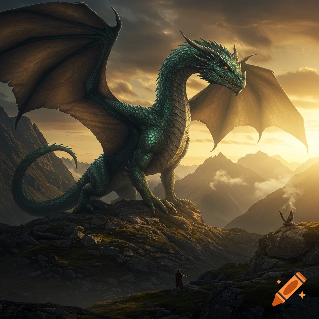 A large green dragon with huge wings stands majestically on a rocky mountain peak at sunset, overlooking a vast mountain range, with a small human figure below.