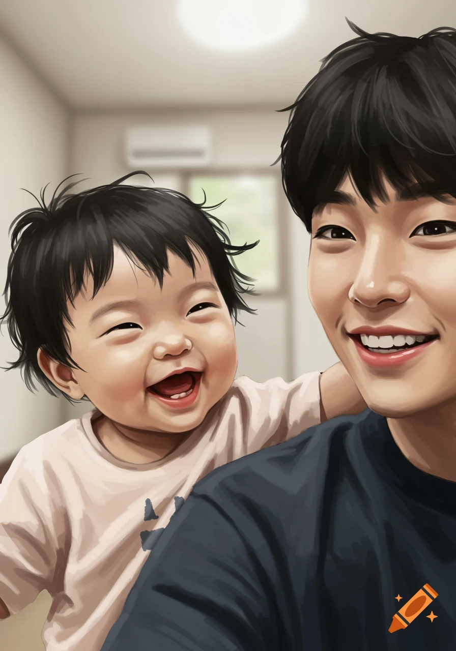 A smiling man and toddler with black hair in a close-up, selfie-style artistic portrait.
