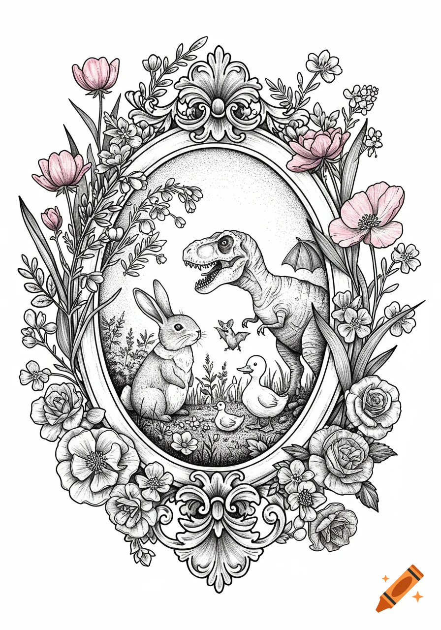 A whimsical black and white illustration in an ornate oval frame, featuring a bunny, a friendly T-rex with a wing, a bat, and two ducks, surrounded by blooming flowers with pink accents.