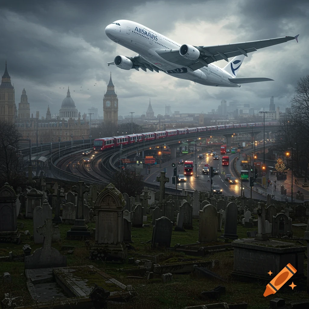 A photorealistic view of a graveyard in the foreground, with an airplane flying over a busy London city street with a train and cars.
