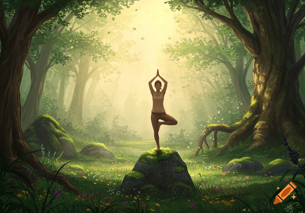 A silhouette of a person practices yoga in a serene, sunlit forest, standing on a mossy rock in a tree pose. Digital art.