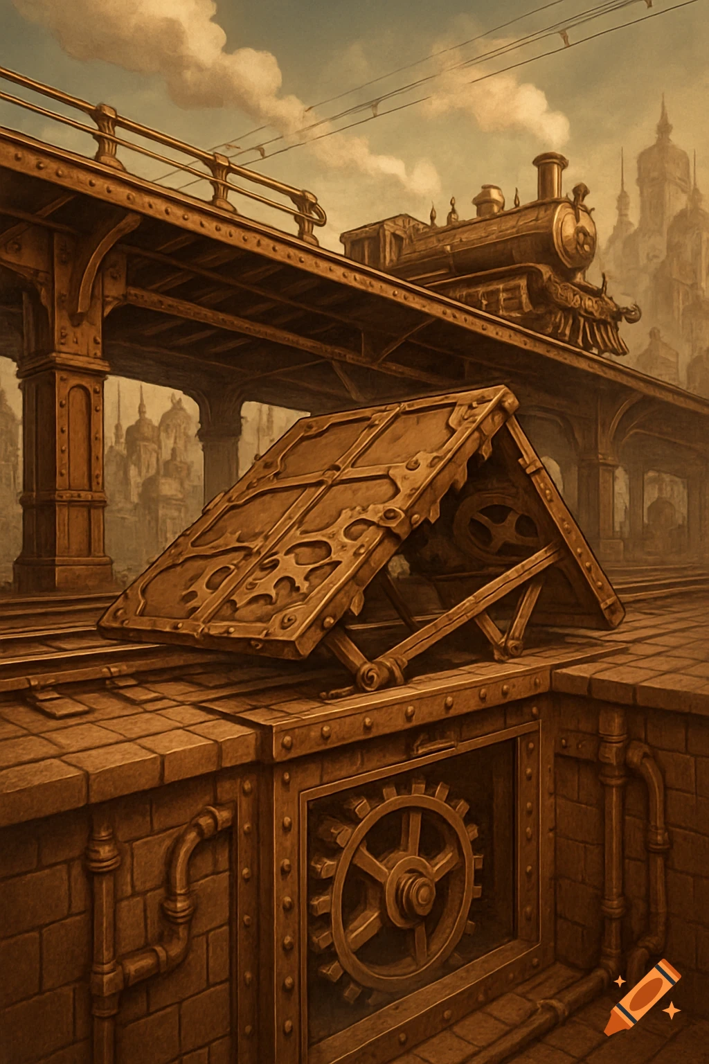 A sepia-toned steampunk city scene with an elevated train on tracks, above intricate bronze machinery and a unique cover structure.
