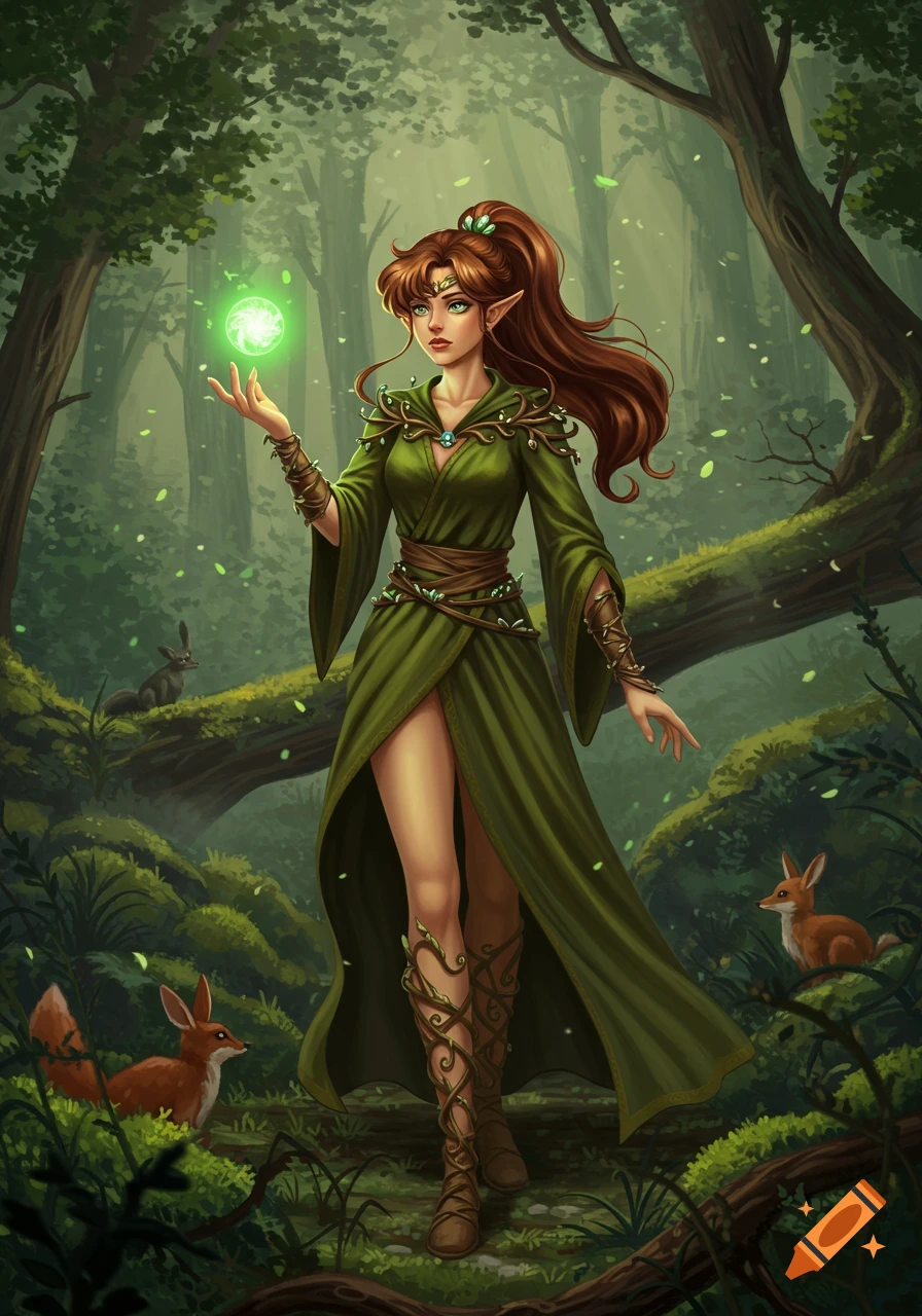 A red-haired female elf in a green robe stands in a lush forest, holding a glowing green orb. A fox and rabbit are nearby.