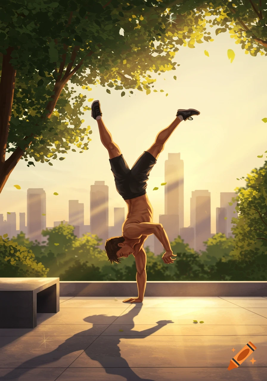 An illustrated man performs a handstand on an urban rooftop at sunset, surrounded by trees and city skylines.